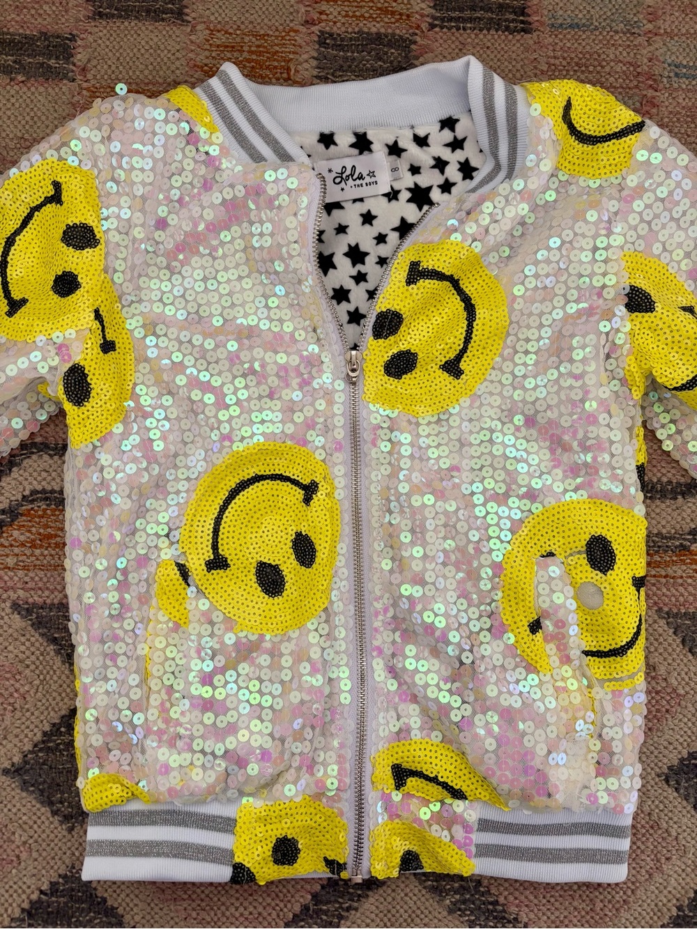 Lola + The Boys Iridescent Sequin Bomber Jacket with Yellow Smiley Faces